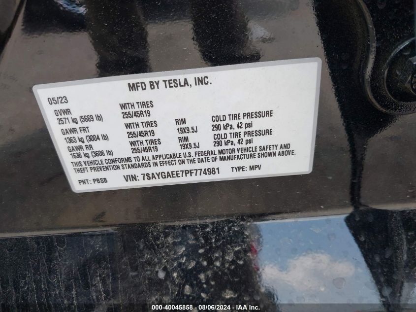 2023 Tesla Model Y Awd/Long Range Dual Motor All-Wheel Drive VIN: 7SAYGAEE7PF774981 Lot: 40045858