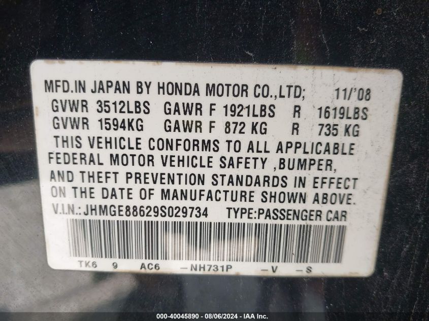 2009 Honda Fit Sport VIN: JHMGE88629S029734 Lot: 40045890