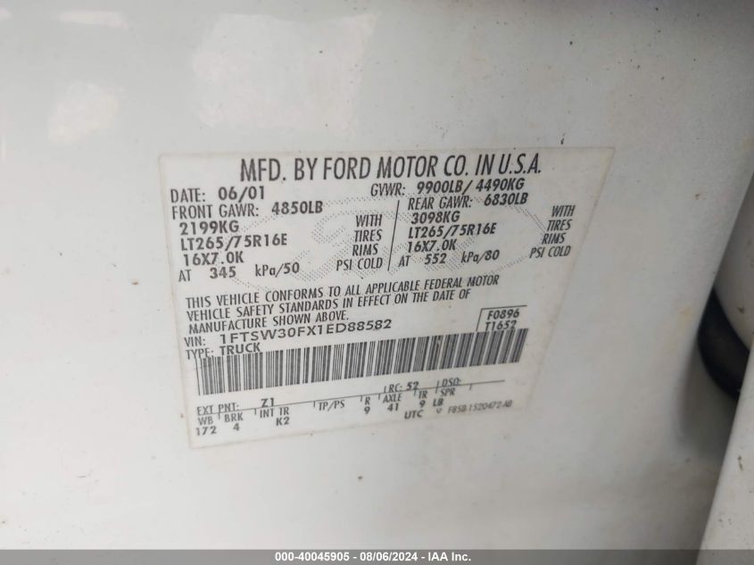 2001 Ford F350 Srw Super Duty VIN: 1FTSW30FX1ED88582 Lot: 40045905