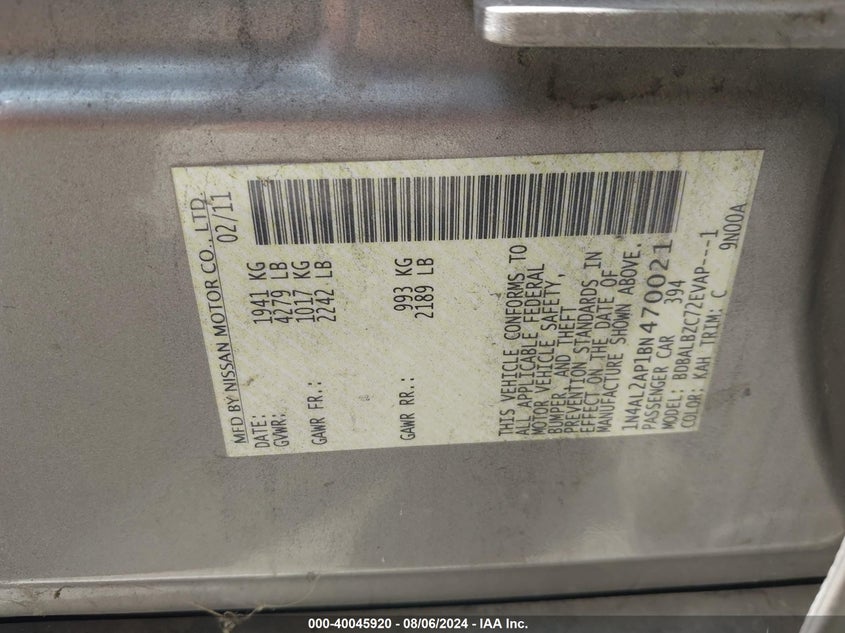 2011 Nissan Altima 2.5 S VIN: 1N4AL2AP1BN470021 Lot: 40045920