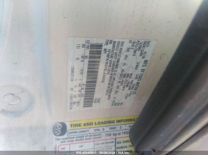 2008 Ford Expedition El Xlt VIN: 1FMFK16578LA59002 Lot: 40045921