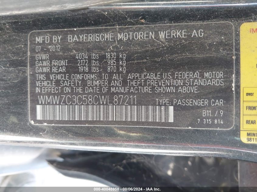 2012 Mini Cooper S Countryman VIN: WMWZC3C58CWL87211 Lot: 40045958