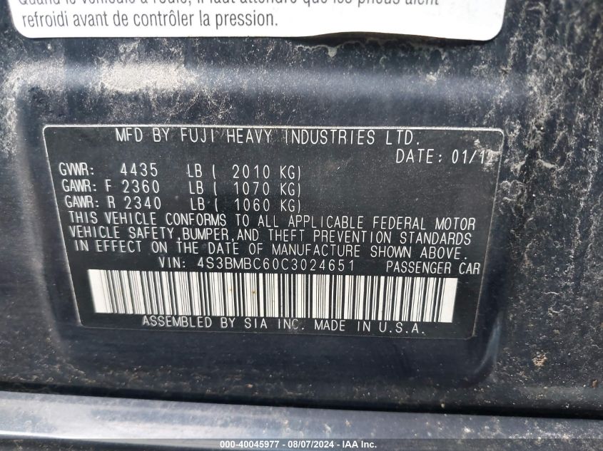 2012 Subaru Legacy 2.5I Premium VIN: 4S3BMBC60C3024651 Lot: 40045977