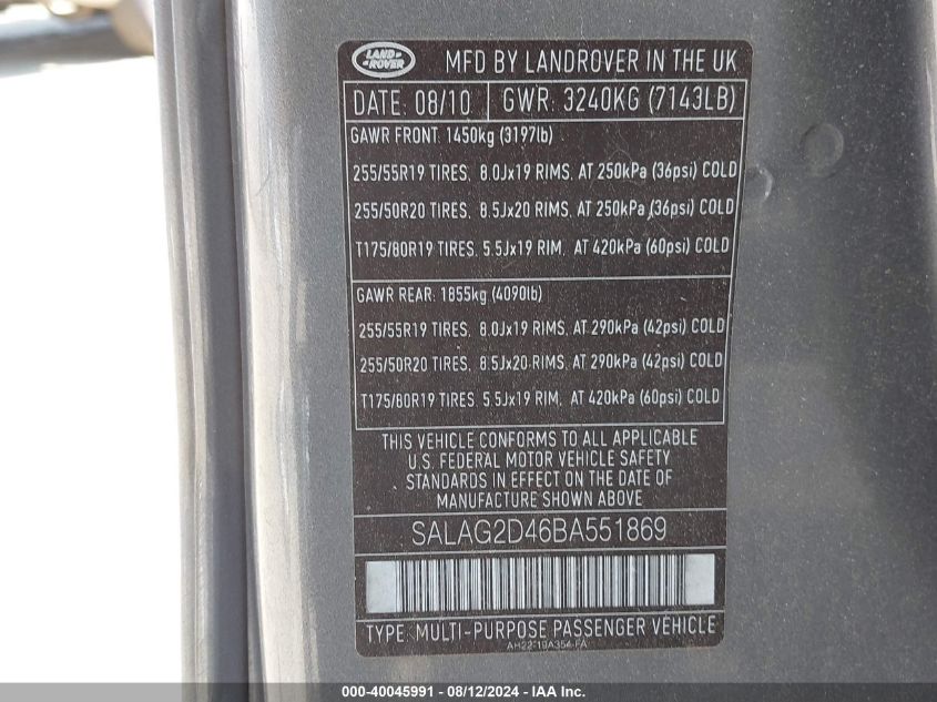 2011 Land Rover Lr4 Hse VIN: SALAG2D46BA551869 Lot: 40045991