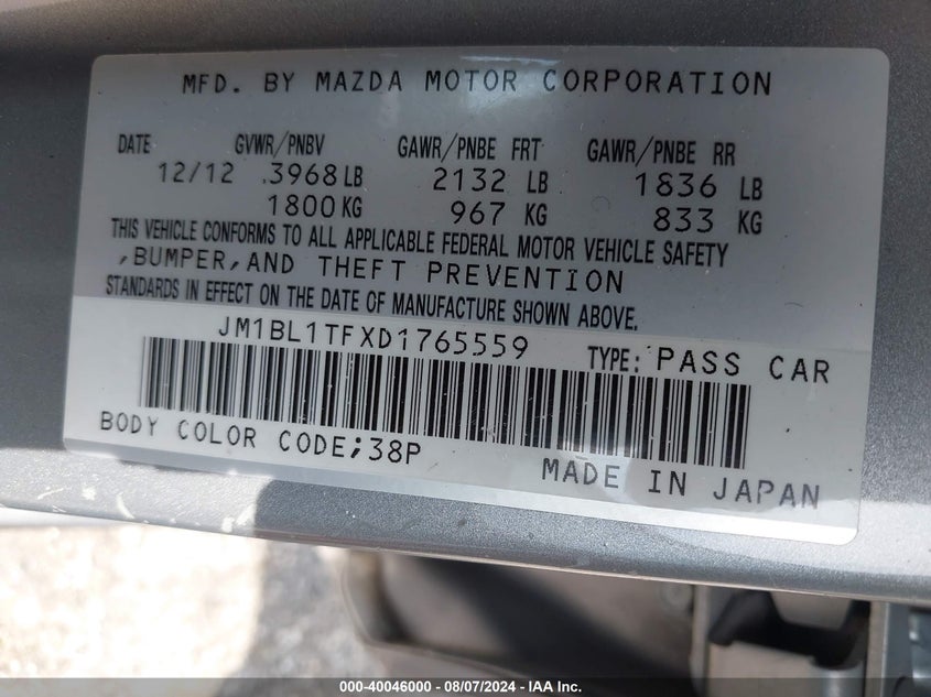 2013 Mazda 3 I VIN: JM1BL1TFXD1765559 Lot: 40046000