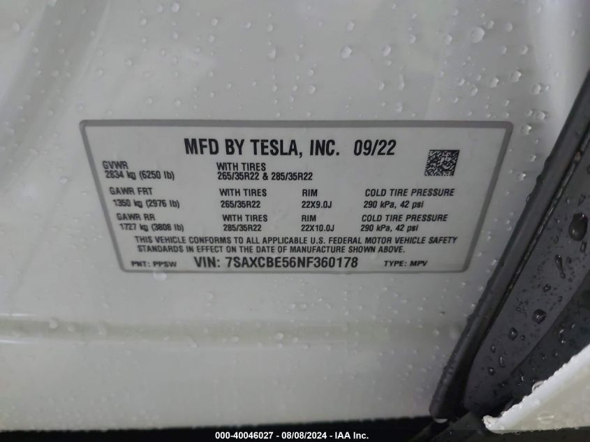 2022 Tesla Model X Dual Motor All-Wheel Drive VIN: 7SAXCBE56NF360178 Lot: 40046027