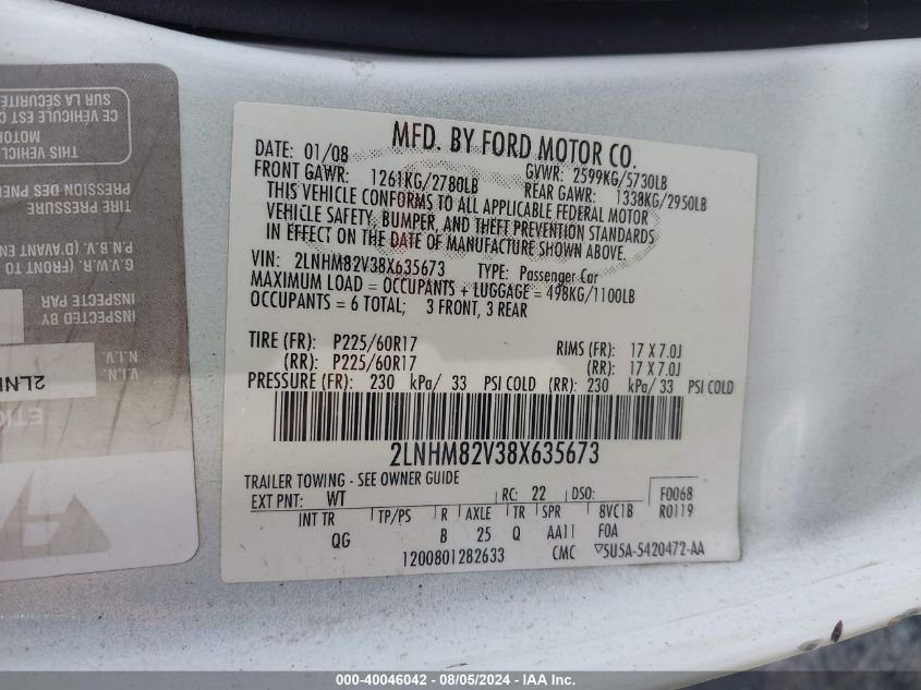 2008 Lincoln Town Car Signature Limited VIN: 2LNHM82V38X635673 Lot: 40046042