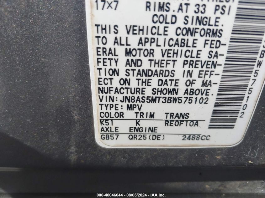 2011 Nissan Rogue Sv VIN: JN8AS5MT3BW575102 Lot: 40046044