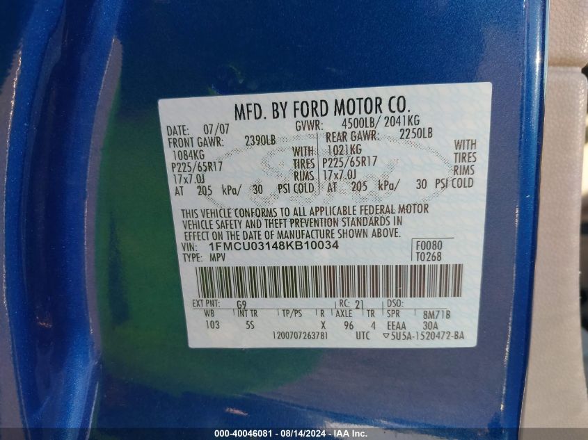 2008 Ford Escape Xlt VIN: 1FMCU03148KB10034 Lot: 40046081