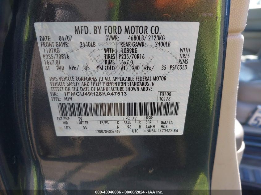 2008 Ford Escape Hybrid VIN: 1FMCU49H28KA47513 Lot: 40046086