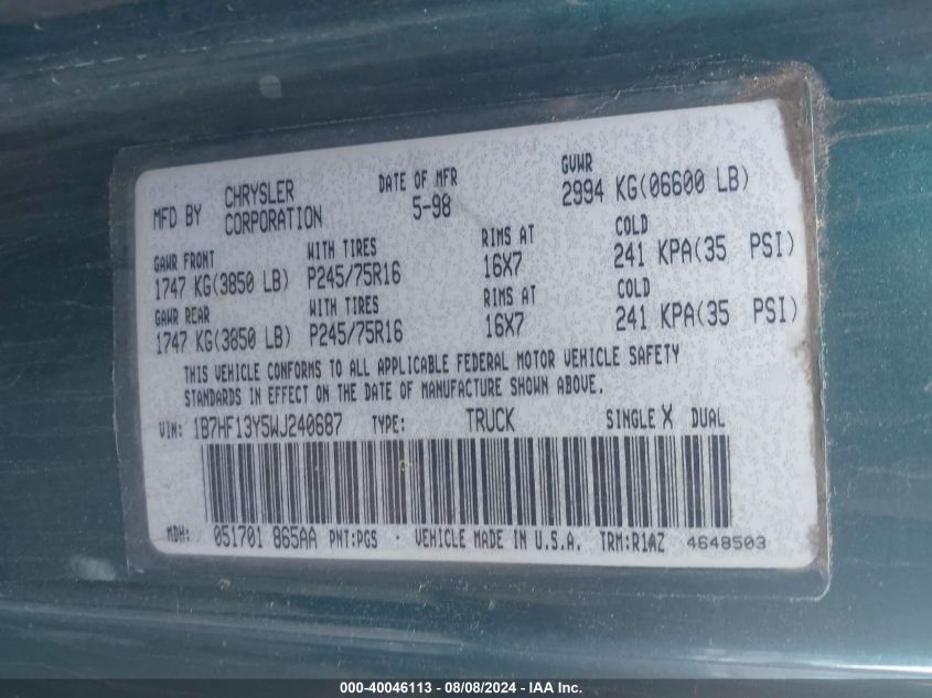 1998 Dodge Ram 1500 VIN: 1B7HF13Y5WJ240687 Lot: 40046113