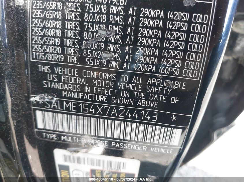 2007 Land Rover Range Rover Hse VIN: SALME154X7A244143 Lot: 40046118