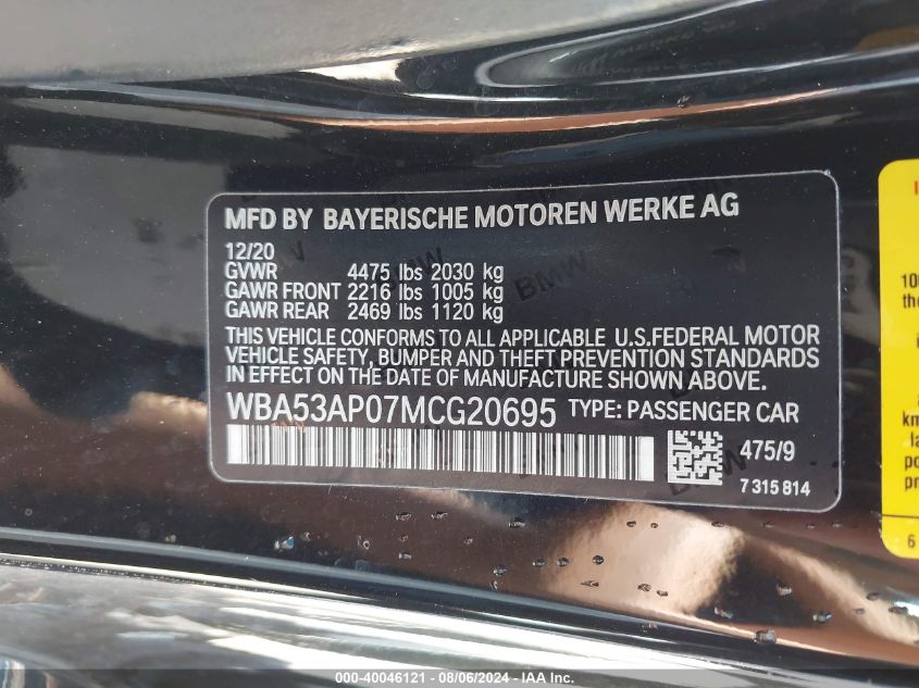 2021 BMW 430I VIN: WBA53AP07MCG20695 Lot: 40046121