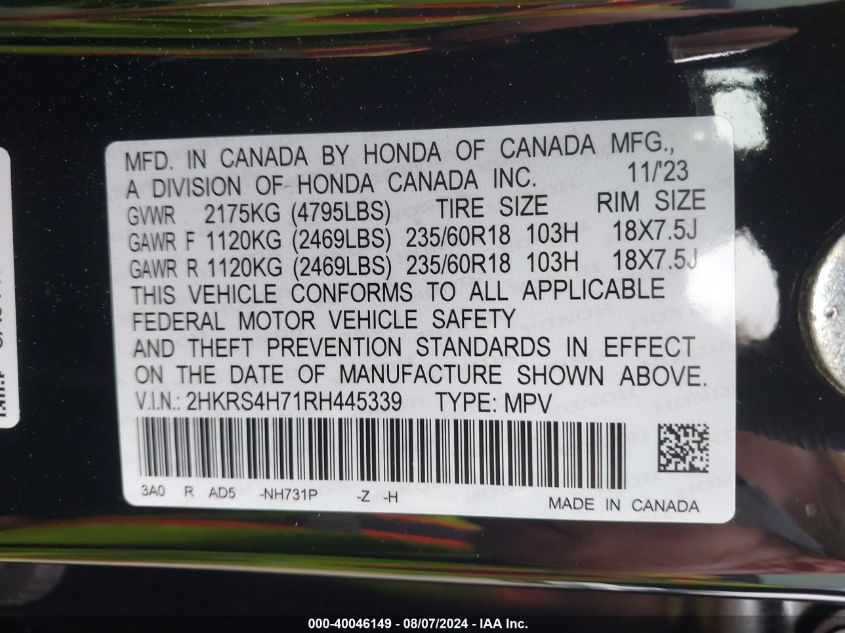 2024 Honda Cr-V Exl VIN: 2HKRS4H71RH445339 Lot: 40046149