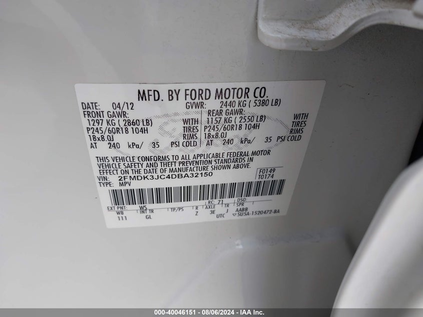 2013 Ford Edge Sel VIN: 2FMDK3JC4DBA32150 Lot: 40046151