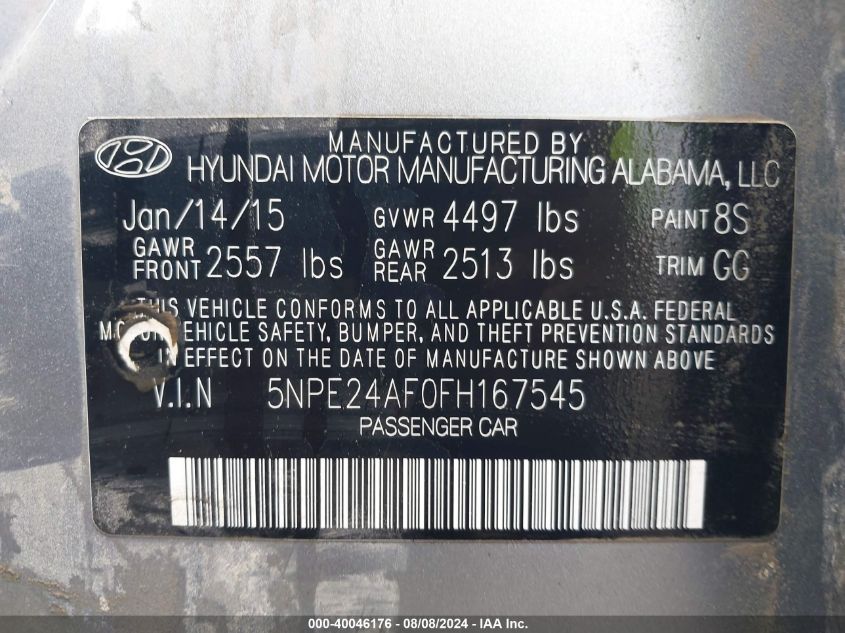 2015 Hyundai Sonata Se VIN: 5NPE24AF0FH167545 Lot: 40046176