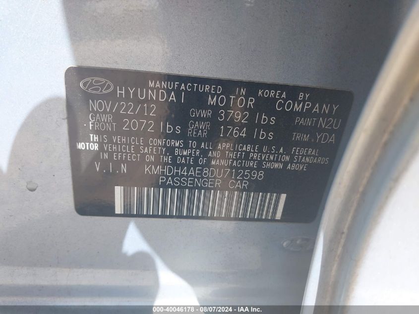 2013 Hyundai Elantra Limited VIN: KMHDH4AE8DU712598 Lot: 40046178