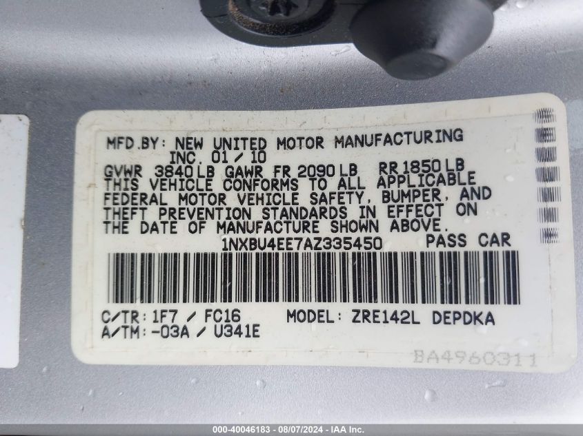 2010 Toyota Corolla Le VIN: 1NXBU4EE7AZ335450 Lot: 40046183