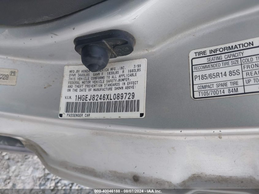 1999 Honda Civic Ex VIN: 1HGEJ8246XL089729 Lot: 40046188