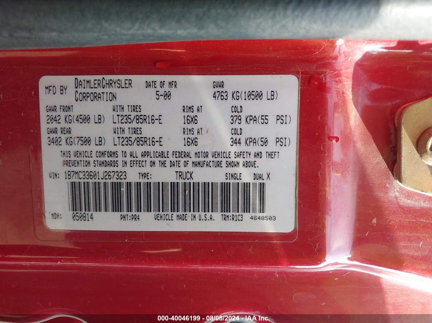 2001 Dodge Ram 3500 St VIN: 1B7MC33601J267323 Lot: 40046199