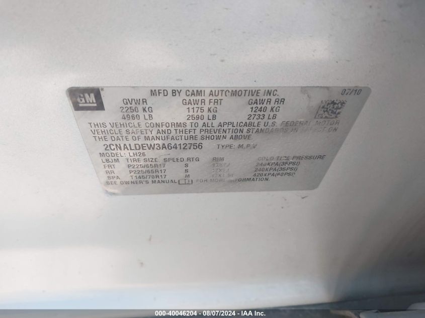 2010 Chevrolet Equinox Lt VIN: 2CNALDEW3A6412756 Lot: 40046204