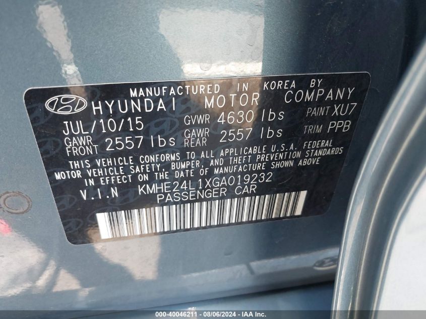 2016 Hyundai Sonata Hybrid Se VIN: KMHE24L1XGA019232 Lot: 40046211