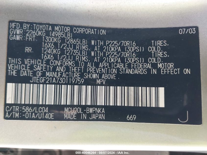 2003 Toyota Highlander Limited V6 VIN: JTEGF21A730119759 Lot: 40046264