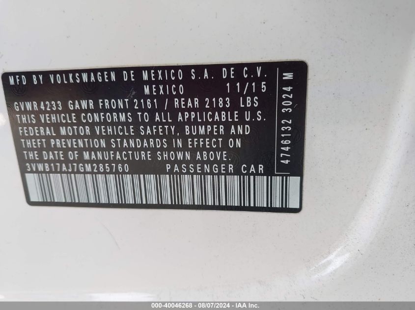 2016 Volkswagen Jetta 1.8T Sport VIN: 3VWB17AJ7GM285760 Lot: 40046268