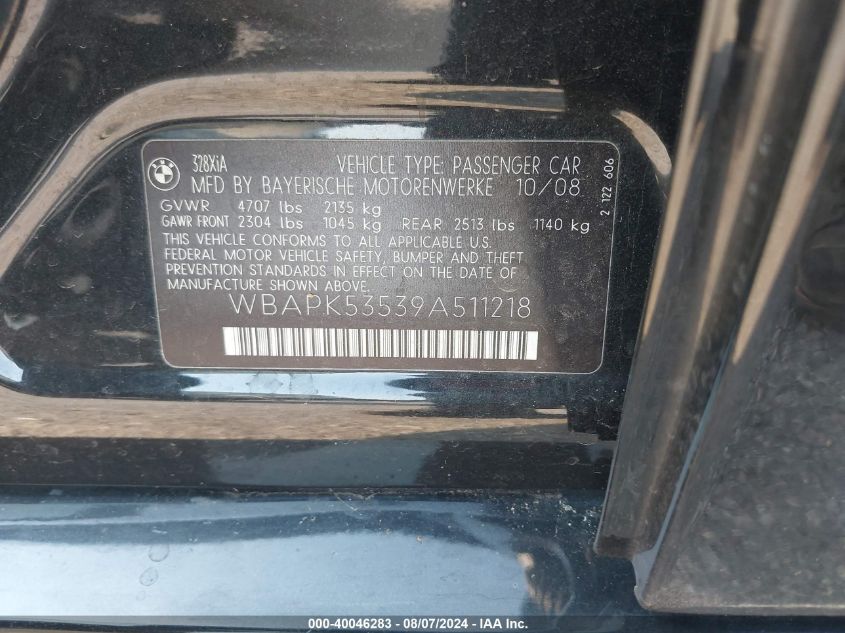 2009 BMW 328I xDrive VIN: WBAPK53539A511218 Lot: 40046283