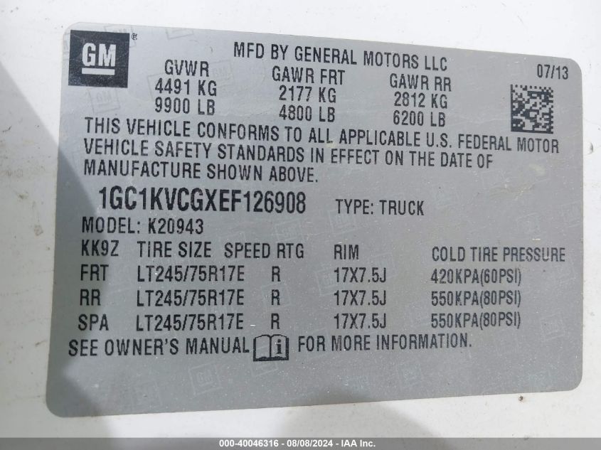 2014 Chevrolet Silverado 2500Hd Work Truck VIN: 1GC1KVCGXEF126908 Lot: 40046316