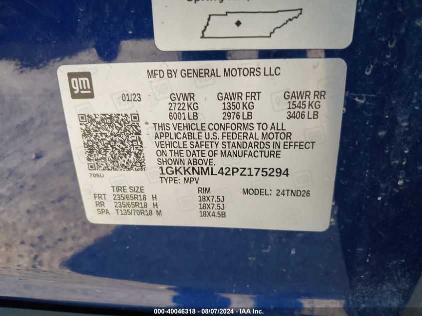 2023 GMC Acadia Slt VIN: 1GKKNML42PZ175294 Lot: 40046318