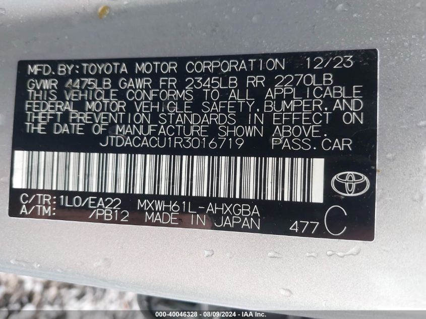 2024 Toyota Prius Prime Xse VIN: JTDACACU1R3016719 Lot: 40046328