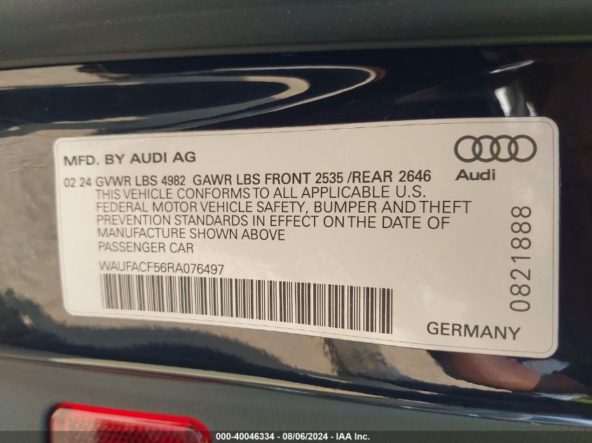 2024 Audi A5 Sportback Premium Plus 45 Tfsi Quattro S Tronic VIN: WAUFACF56RA076497 Lot: 40046334