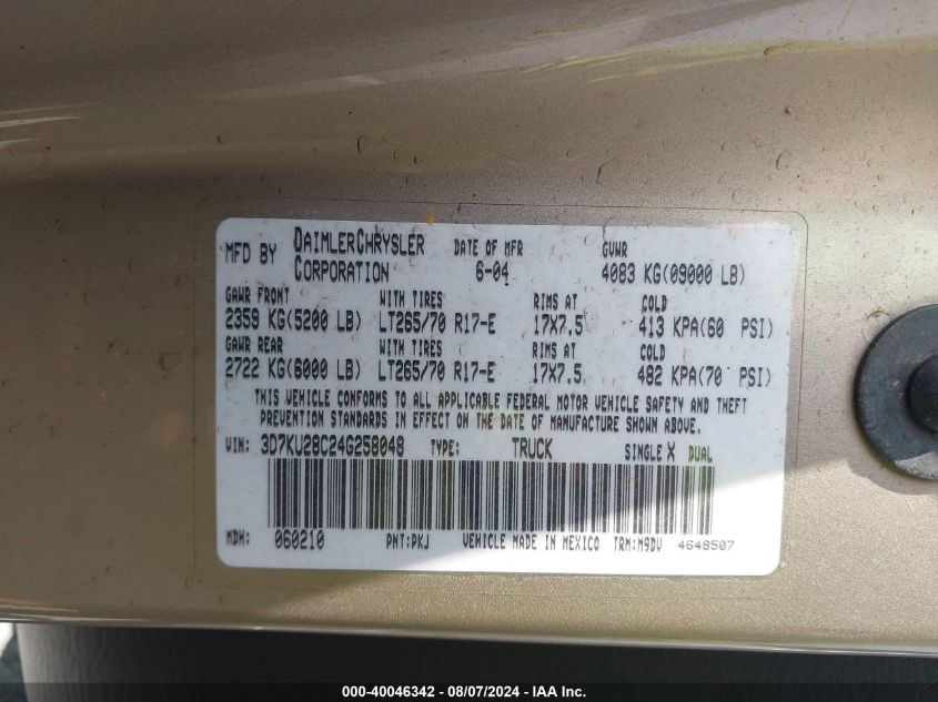 2004 Dodge Ram 2500 St/Slt VIN: 3D7KU28C24G258048 Lot: 40046342