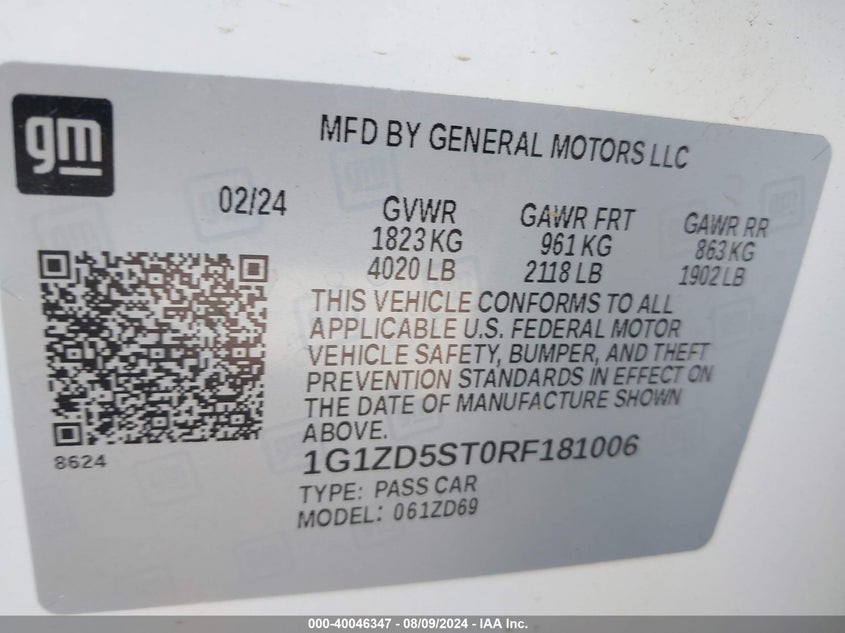 VIN 1G1ZD5ST0RF181006 2024 CHEVROLET MALIBU FWD 1LT