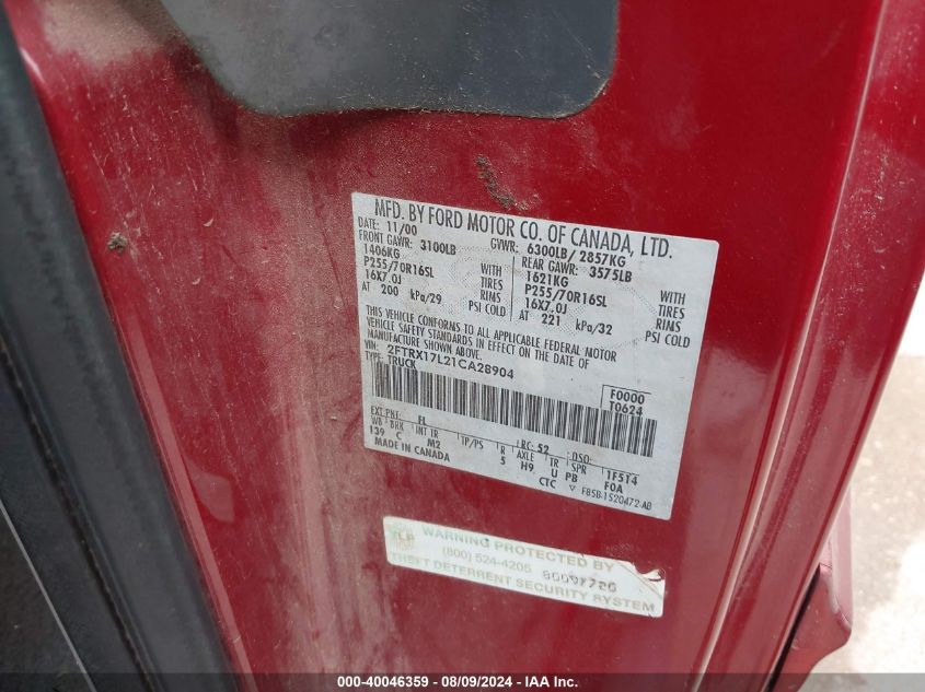 2001 Ford F-150 Lariat/Xl/Xlt VIN: 2FTRX17L21CA28904 Lot: 40046359