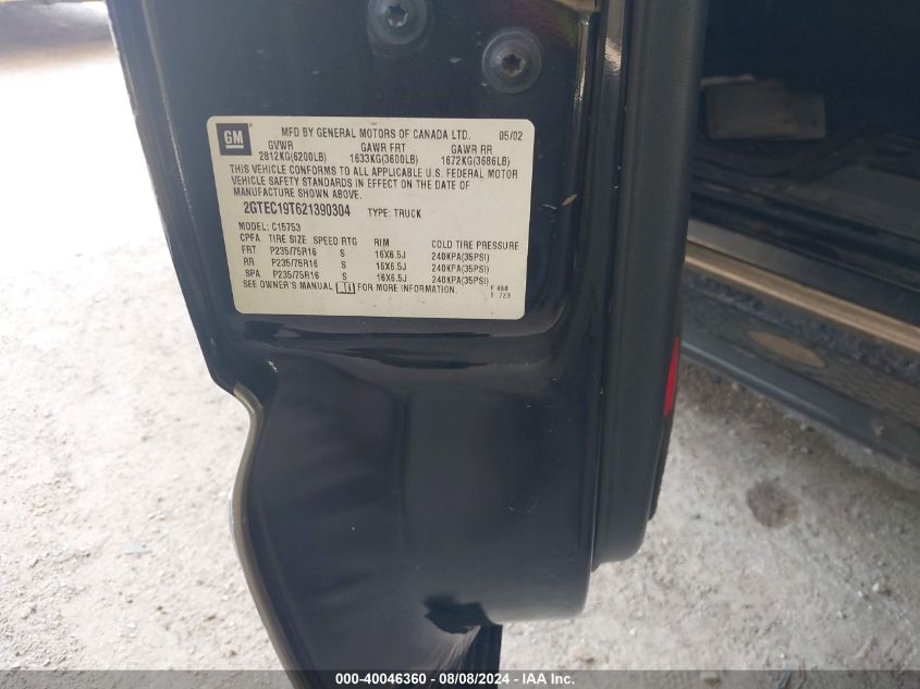 2002 GMC Sierra 1500 Sle VIN: 2GTEC19T621390304 Lot: 40046360