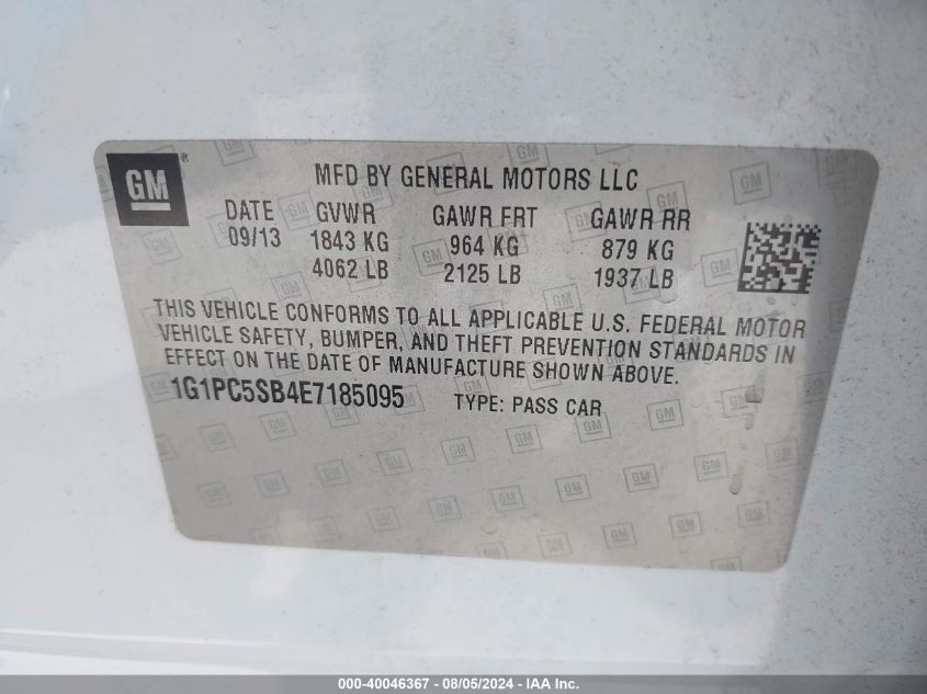 2014 Chevrolet Cruze 1Lt Auto VIN: 1G1PC5SB4E7185095 Lot: 40046367