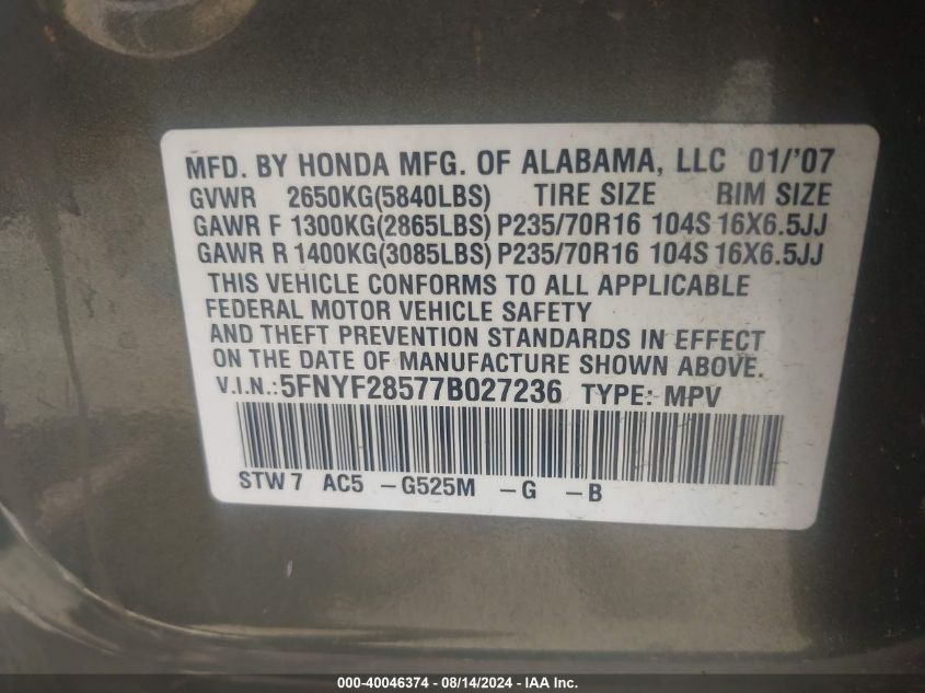 2007 Honda Pilot Ex-L VIN: 5FNYF28577B027236 Lot: 40046374