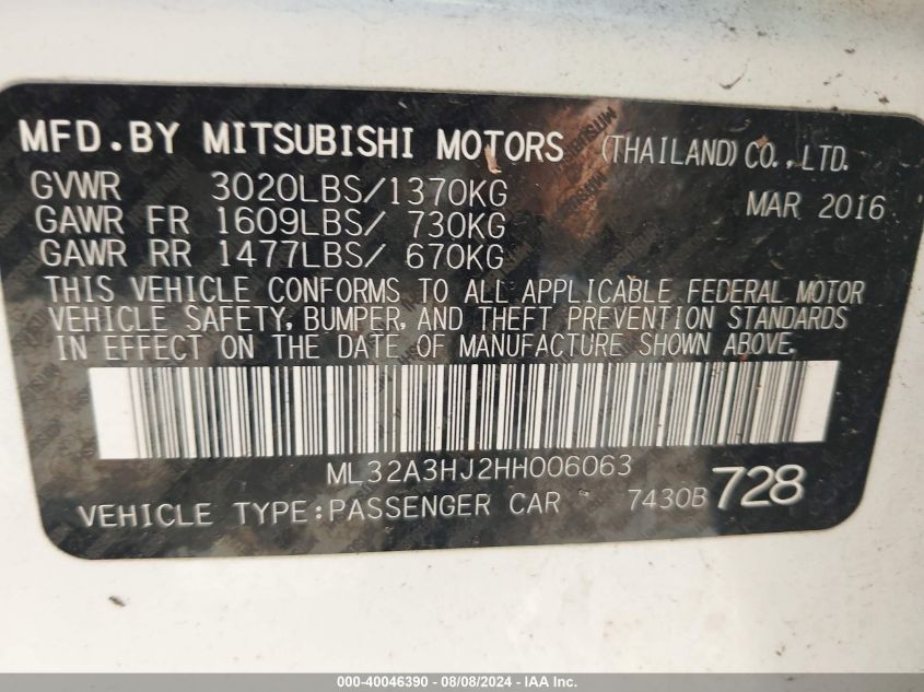 2017 Mitsubishi Mirage Es VIN: ML32A3HJ2HH006063 Lot: 40046390