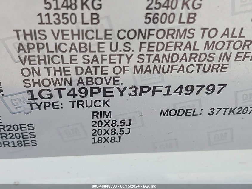 2023 GMC SIERRA 2500HD(VIN: 1GT49PEY3PF149797