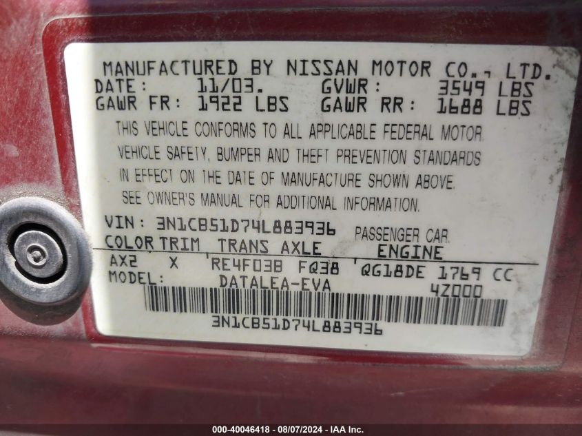 2004 Nissan Sentra 1.8S VIN: 3N1CB51D74L883936 Lot: 40046418