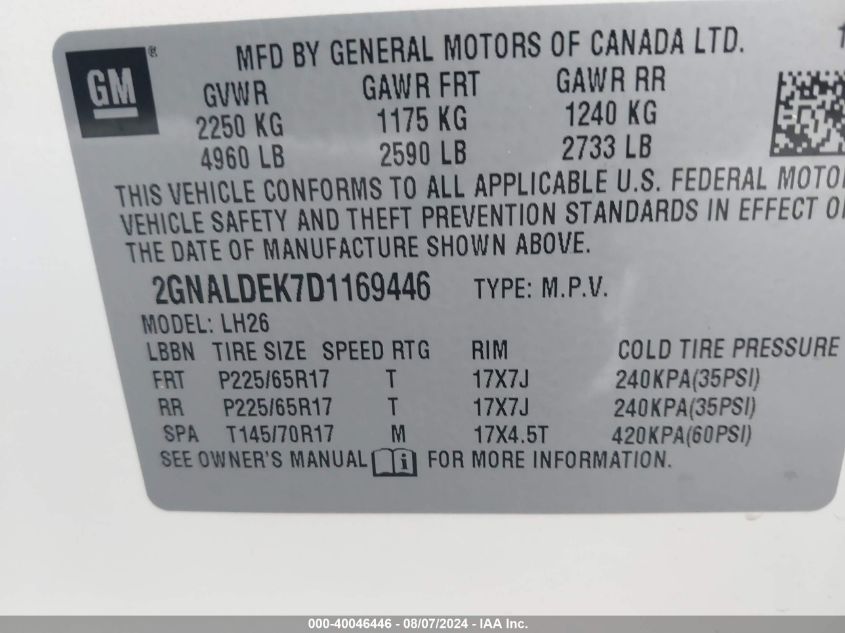 2013 Chevrolet Equinox 1Lt VIN: 2GNALDEK7D1169446 Lot: 40046446