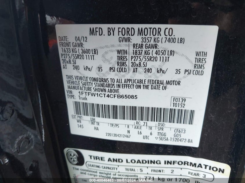 2012 Ford F-150 Lariat VIN: 1FTFW1CT4CFB65085 Lot: 40046463