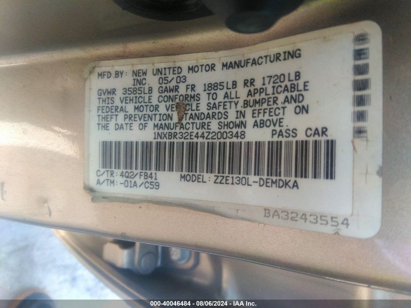 2004 Toyota Corolla Ce VIN: 1NXBR32E44Z200348 Lot: 40046484