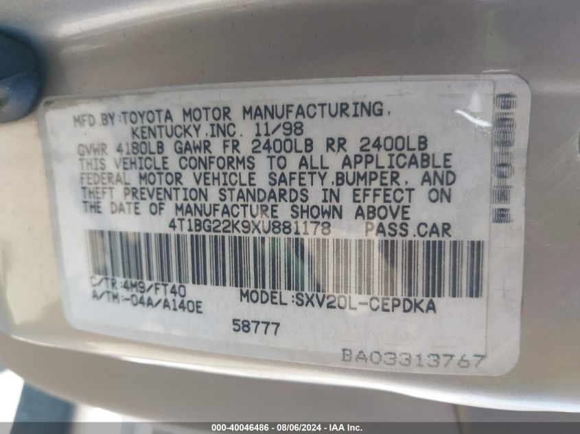 1999 Toyota Camry Ce VIN: 4T1BG22K9XU881178 Lot: 40046486