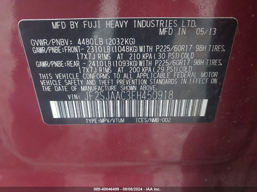 2014 Subaru Forester 2.5I VIN: JF2SJAAC3EH450918 Lot: 40046499