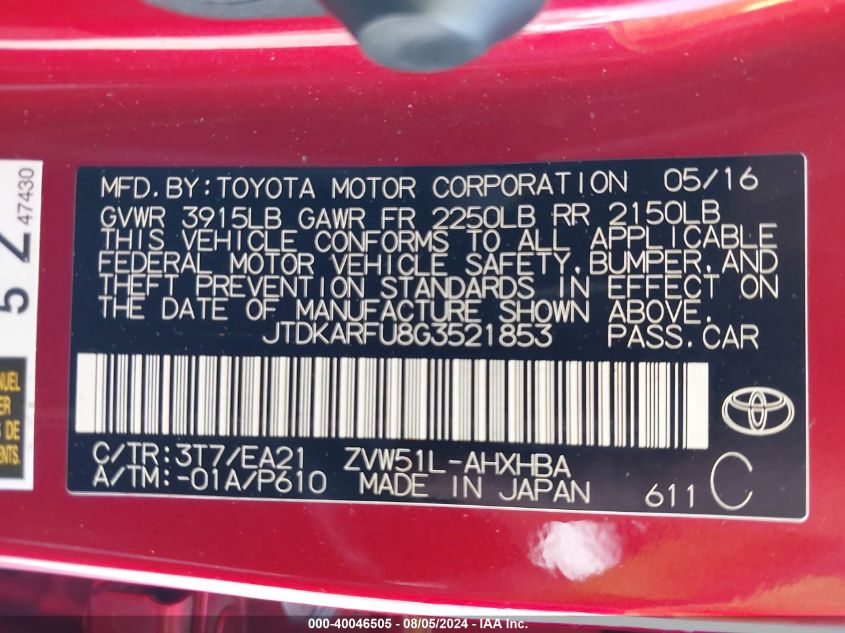 2016 Toyota Prius Three Touring VIN: JTDKARFU8G3521853 Lot: 40046505