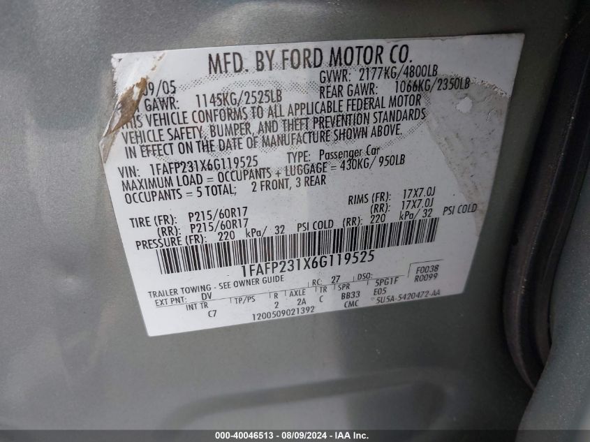 2006 Ford Five Hundred Se VIN: 1FAFP231X6G119525 Lot: 40046513