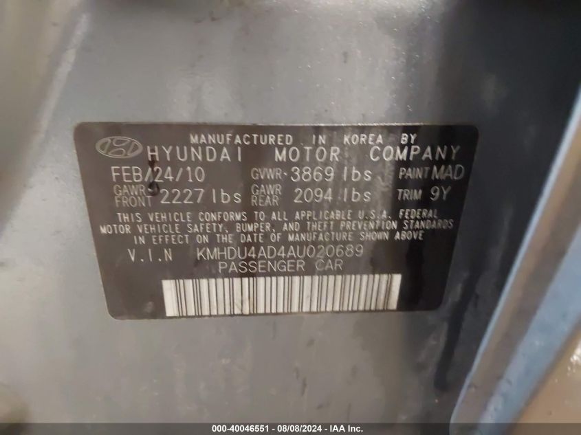 2010 Hyundai Elantra Gls VIN: KMHDU4AD4AU020689 Lot: 40046551